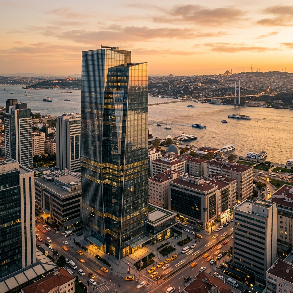 Premium office tower in Istanbul at golden hour with Bosphorus view