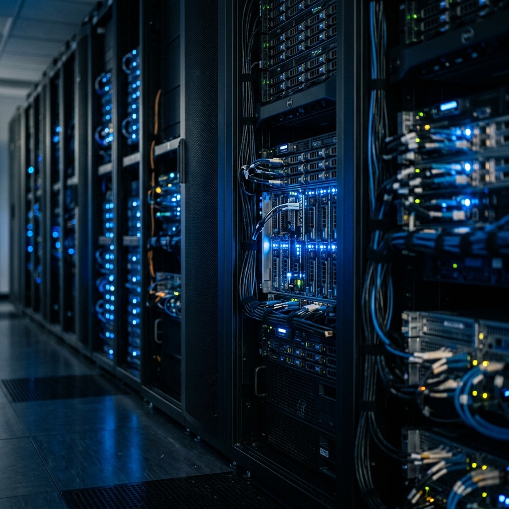 Modern server room with blue LED lighting