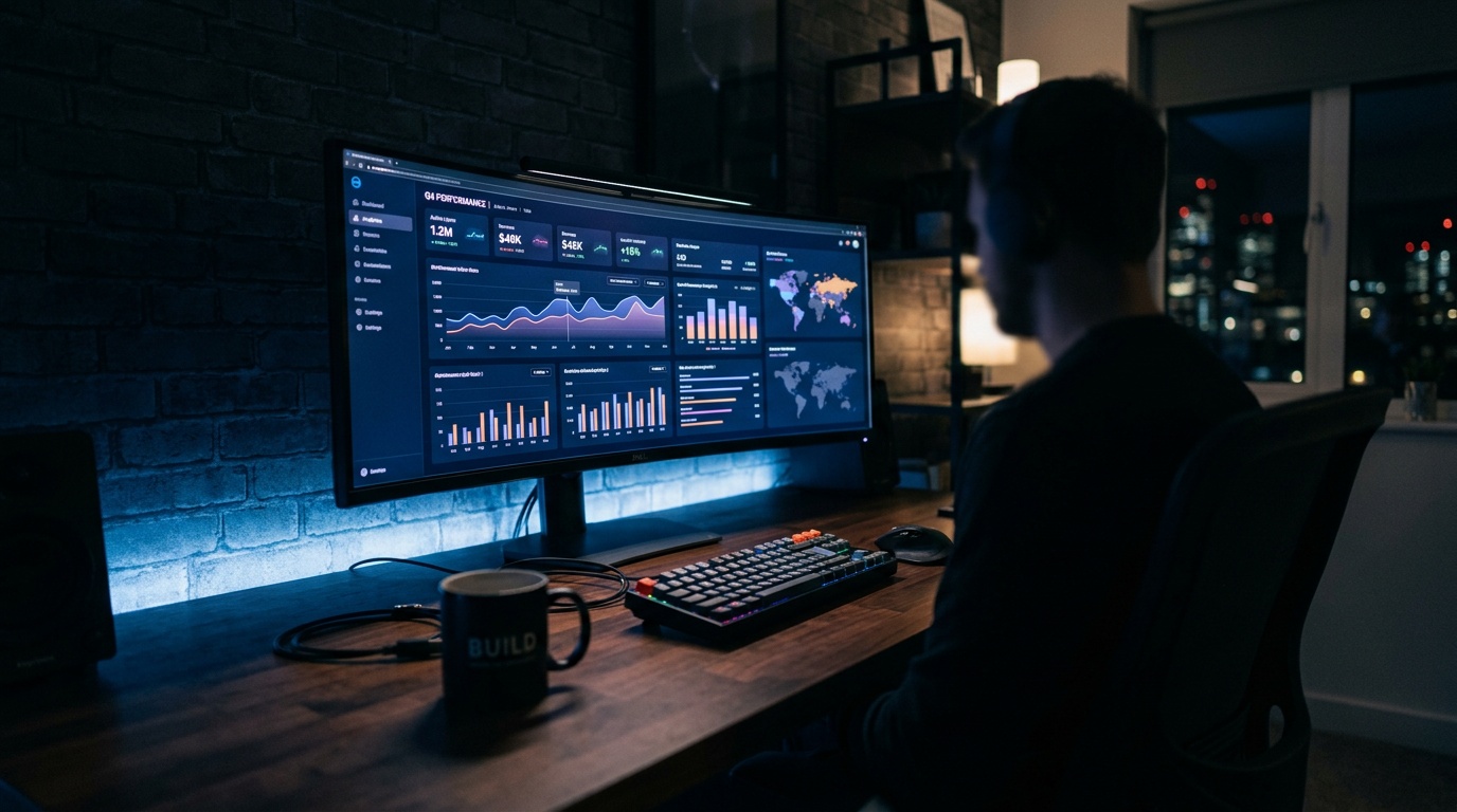 Analytics dashboard on ultrawide monitor in modern tech workspace