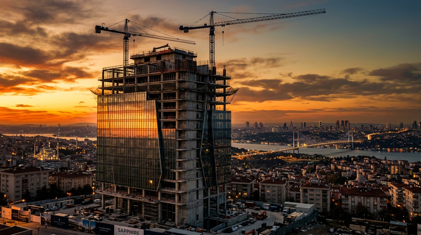 Modern office tower under construction in Istanbul at golden hour
