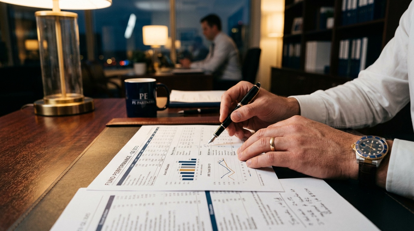 Financial documents being reviewed in luxury office environment