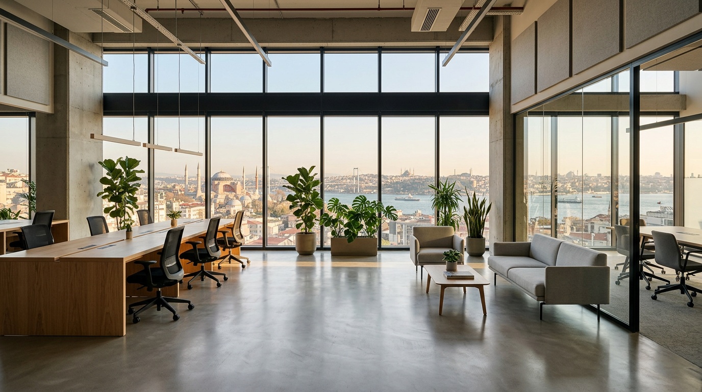 Premium Class-A office interior with Istanbul skyline views